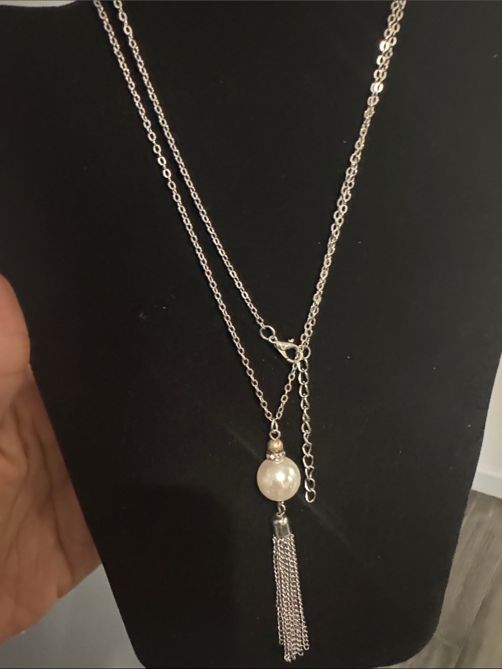 Long Silver Tone Tassel Necklace with Faux Pearl Pendant